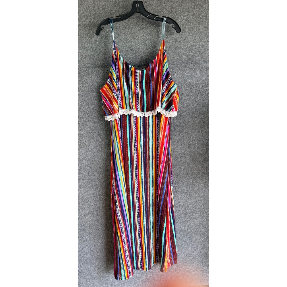 Rouge Collection Womens 4X Multicolor Stripe Crochet Lace Trim Maxi Dress Boho